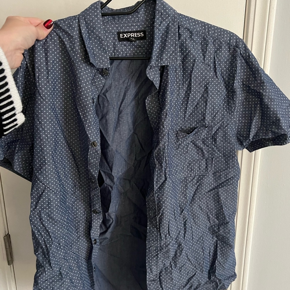 Express Men's Navy Dot Short Sleeve Shirt - White Dot Pattern